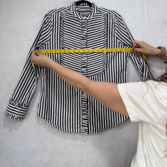 J Crew Shirt Womens Small Navy White Stripe Ruffle Trim Band Collar Long Sleeve - Picture 3 of 9